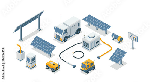 Isometric renewable energy elements: solar panels, utility vehicles, and charging stations