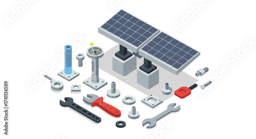 Isometric solar panel assembly kit with tools and components for renewable energy projects