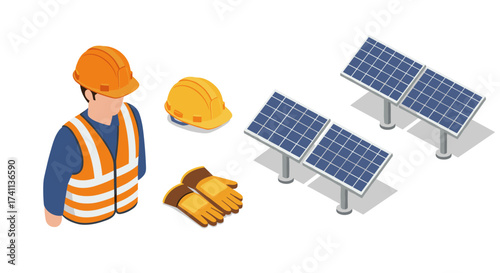Isometric construction worker gear and solar panels