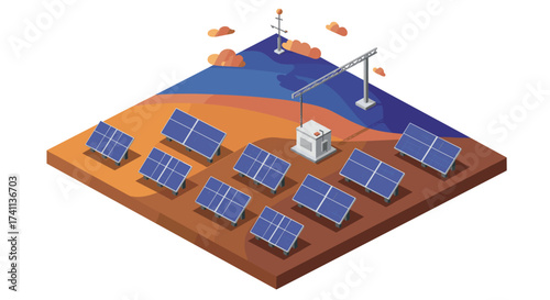 Isometric solar panel farm with industrial crane in a desert landscape