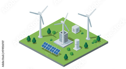 Isometric renewable energy park with wind turbines and solar panels
