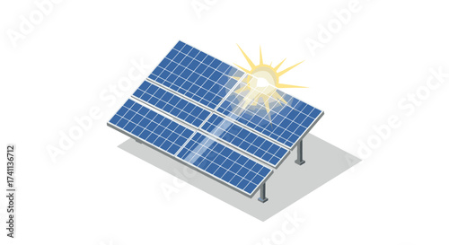Isometric solar panel with sunlight in renewable energy concept