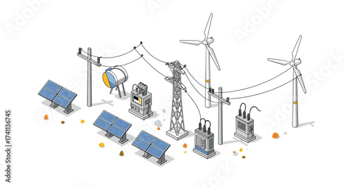 Isometric renewable energy infrastructure with solar panels and wind turbines