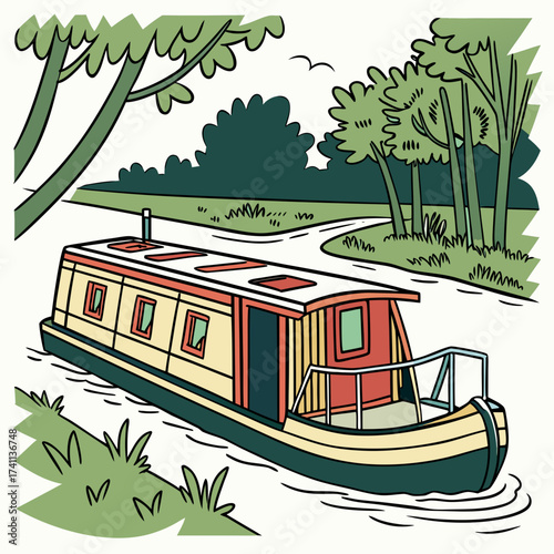 Bild auf Leinwand Narrowboat on a Winding River with Trees canal boat