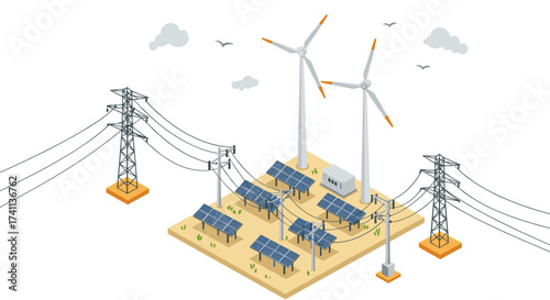 Sustainable energy farm with solar panels and wind turbines in isometric style
