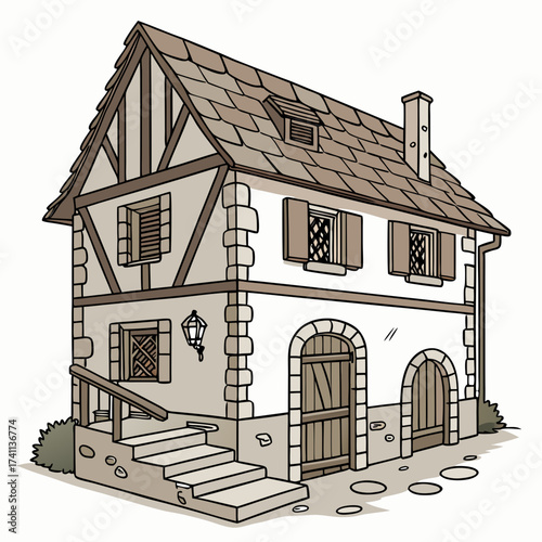 Old European House with Lantern and Arched Entrances