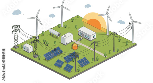 Renewable energy landscape with solar panels, wind turbines, and power lines at sunrise