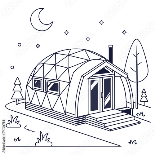 Night Scene Outline of a Geodesic Dome House with Moon