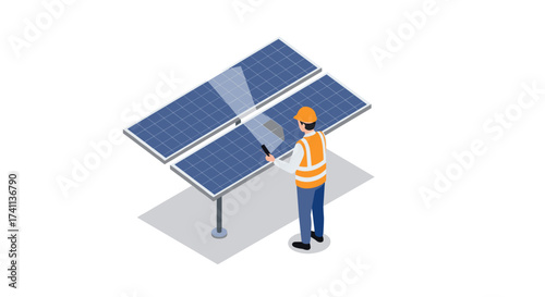 Technician inspecting solar panel for energy efficiency in isometric design