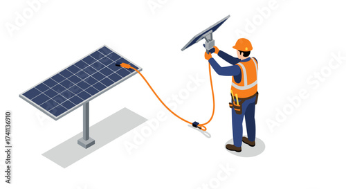 Isometric renewable energy worker installing solar panel