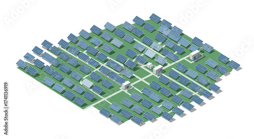 Isometric solar panel array on green grid layout