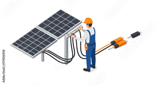 Isometric worker connecting solar panels for renewable energy setup