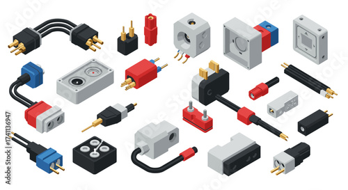 Isometric electrical connectors and plugs assortment on white background