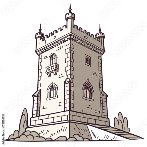 Ornate Stone Tower with Gothic Windows and Balcony