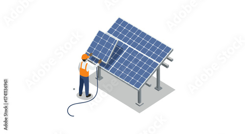 Isometric solar panel maintenance by worker in safety gear