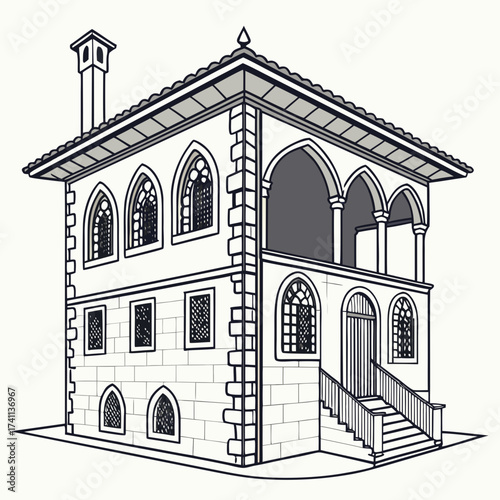 Ornate two-story building with arched windows and veranda