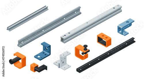 Isometric metal construction components and brackets in various designs