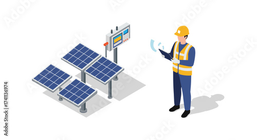 Renewable energy isometric design: engineer monitoring solar panel technology