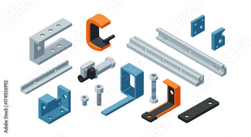 Isometric industrial hardware components set on white background