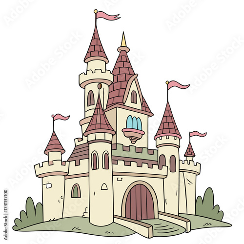 Pink and cream fairytale castle with flags and arched windows