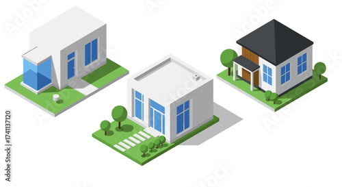 Isometric modern house designs with green landscapes