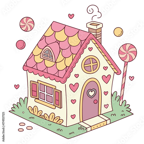 Pink And Yellow Candy House With Hearts And Lollipops Keywords: candy house, gingerbread house