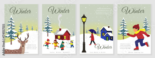 Hello Winter Poster Set — Cozy, Peaceful, and Joyful Winter Season Illustrations with Snowy Landscape, Pine Trees, Deer, Cabin, and Skating Scenes