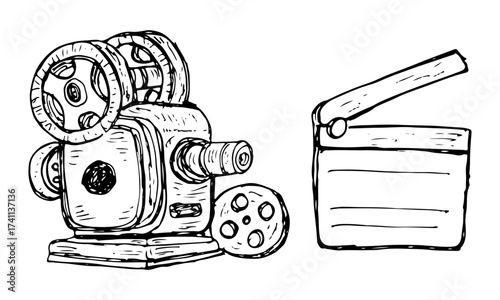 Vintage film projector and a clapperboard vector hand-drawn element doodle-like.