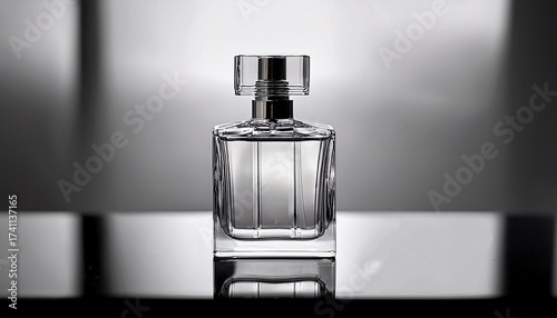 translucent perfume bottle close up crystal glass elegant reflections luxury fragrance container delicate light refraction premium beauty monochrome high quality aesthetic soft fluid glow grey stylish