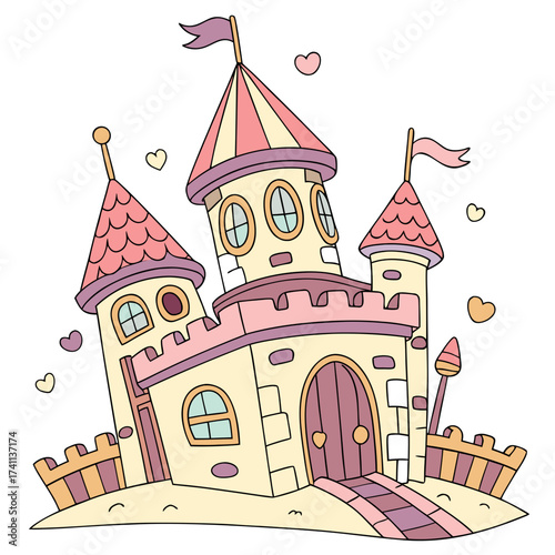 Pink and yellow fairytale castle surrounded by hearts and a fence