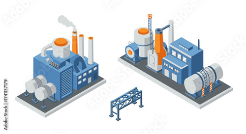 Isometric industrial factory complex with machinery and equipment