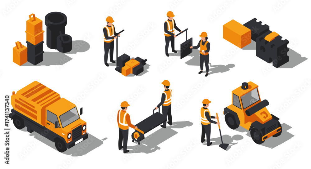 Fototapeta premium Construction workers and equipment in isometric style for industrial projects