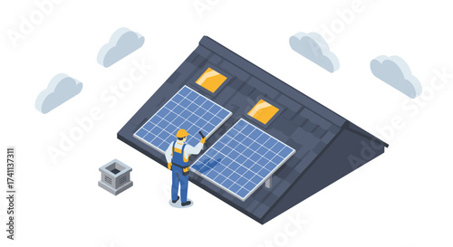 Isometric solar panel installation on roof with technician in safety gear