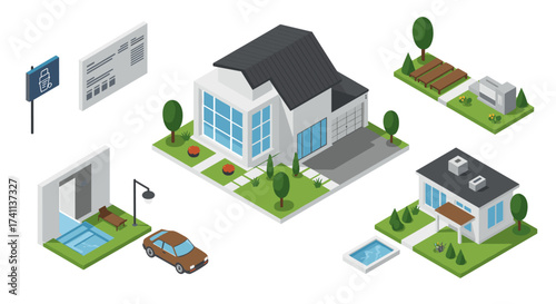 Modern isometric house design with outdoor elements and minimalist architecture