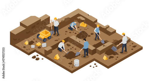 Construction site isometric design with workers digging and building foundations