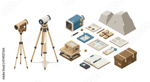 Vintage surveying tools isometric set with equipment and documents