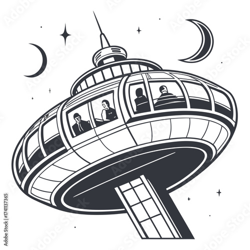 Retro illustration of a futuristic observation deck with people