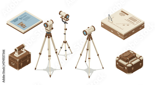 Vintage telescope collection on tripod stand with map and box in isometric style