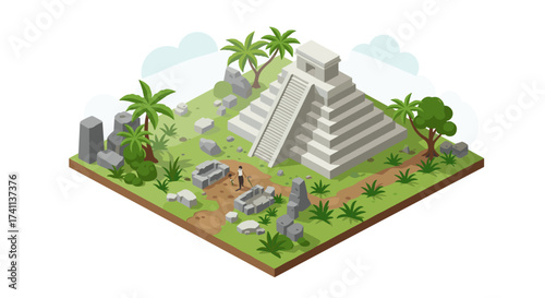Isometric ancient pyramid explorer scene with lush jungle and ruins