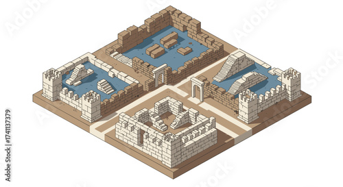 Ancient isometric fortress with stone walls and towers in desert landscape