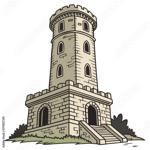 Round Stone Tower with Arched Entrances and Stairs