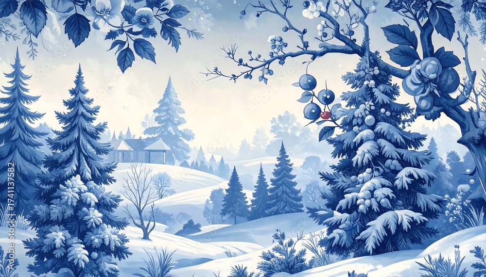 Obraz premium A stylized winter landscape with snowy trees and a distant cottage