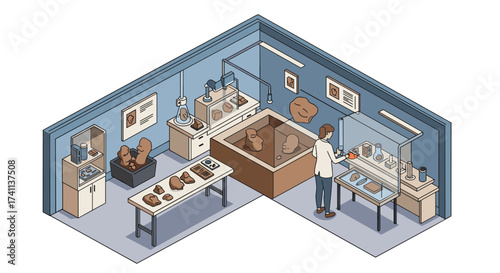 Isometric archaeology lab with artifacts and scientist in museum setting