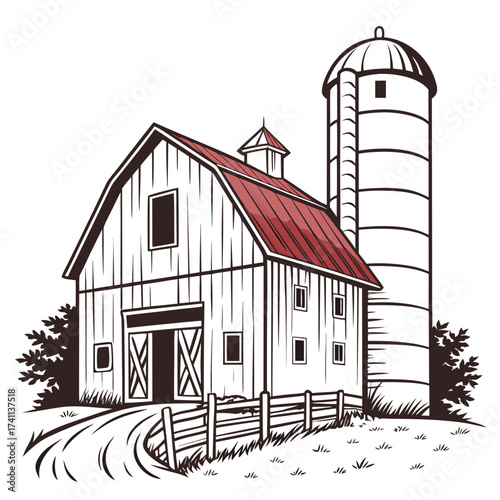 Rustic Barn and Silo with Red Roof Keywords: barn, silo, farm, agriculture, rural, countryside