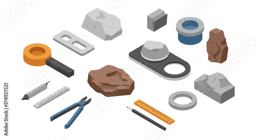 Isometric industrial tools and components for construction and design projects