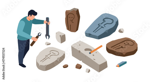 Isometric stone carving scene with artisan and tools
