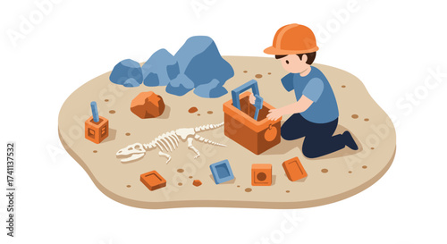 Child archeologist exploring fossil dig site in isometric style