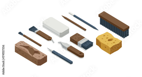Isometric art tools collection featuring brushes, pencils, and cleaning implements
