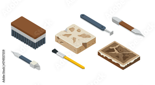 Isometric archaeological tools set on white background