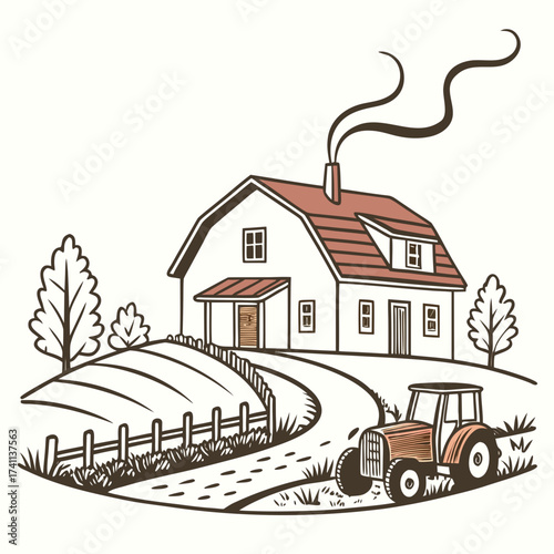 Rustic Farm Scene with Tractor and House Illustration Keywords: farm, countryside, rural scene
